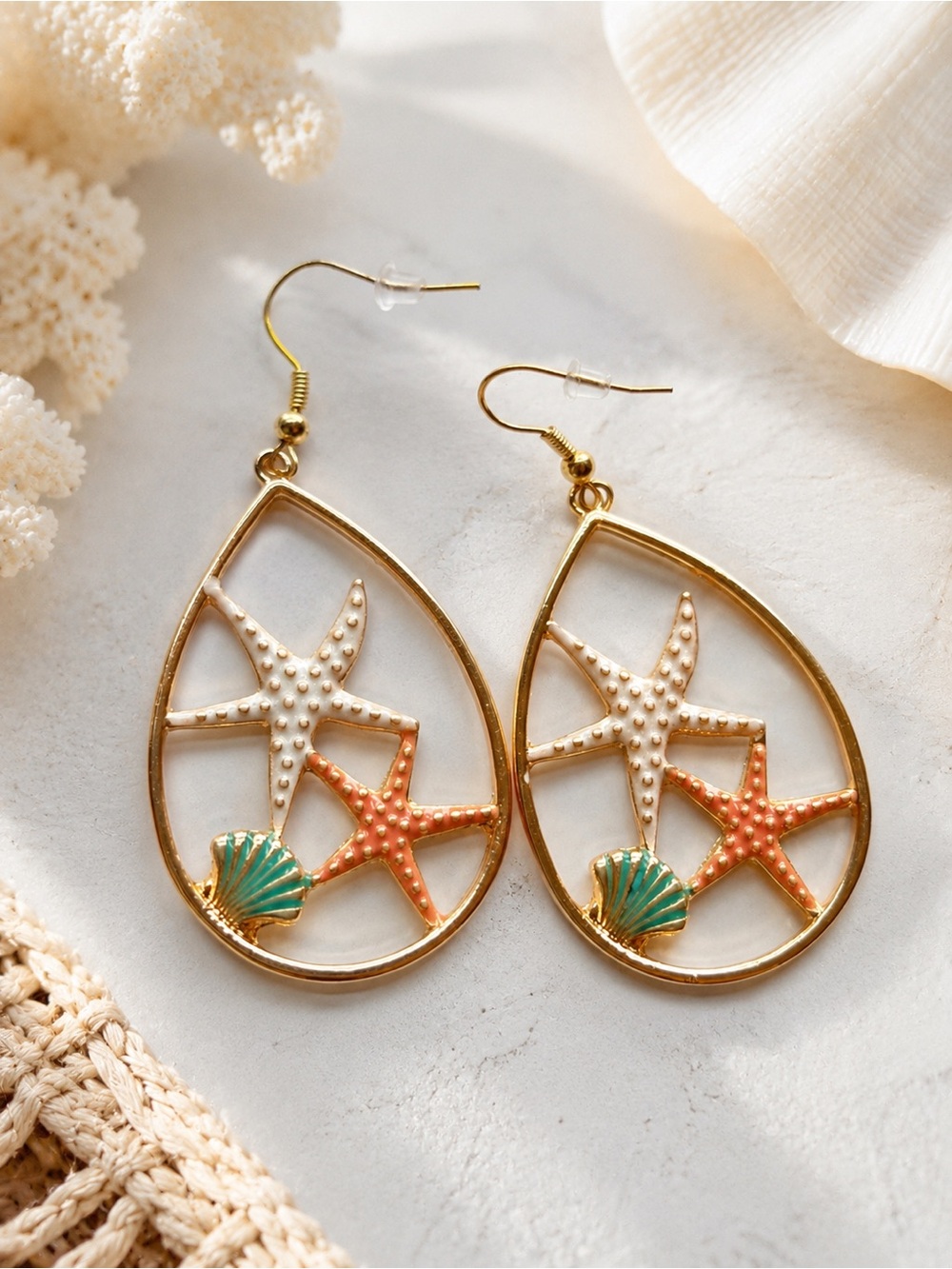 Coastal Starfish & Seashell Teardrop Dangle Earrings Gold Tone Beach New